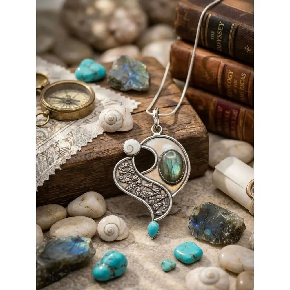 Mixed Stone Pendant Silver Necklace Labradorite, Turquoise, Shiva Eye Shell Boho